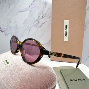 MIU MIU Sunglasses New Brown Tortoise Round Acetate Gold Metal Logo Authentic